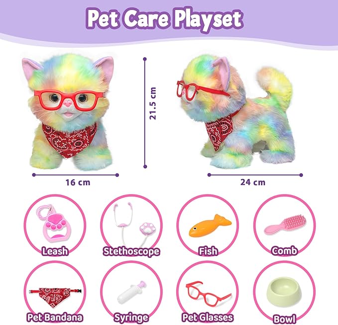 YH YUHUNG Walking Robot Cat Toy for Kids 3+, Remote Leash Controller — Rainbow Plush Kitty That Walks, Meows & Wags Tail, Vet Playset Accessories, Soft Fur, Battery-Powered
