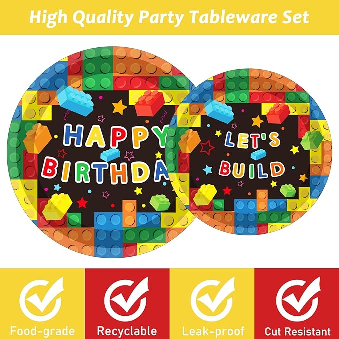 gisgfim 96 Pcs Building Block Birthday Party Supplies Paper Plates Napkins Colorful Blocks Party Birthday Decorations Favors for Boy or Girl Serves 24