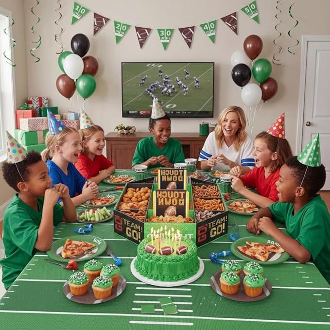 Football Birthday Party Decorations for Boys Serves 16 – Kids Sports Theme Party Supplies with Snack Stadium Tray, Plates, Cups, Banner & Tablecloth