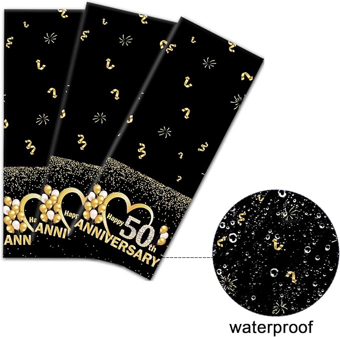 3pcs Happy 50th Anniversary Tablecloths Black Gold Table Covers 50th Wedding Anniversary Party Supplies for Parents Cheer to 50 Years Party Decorations and Plastic Disposable Favors,108*54 inch