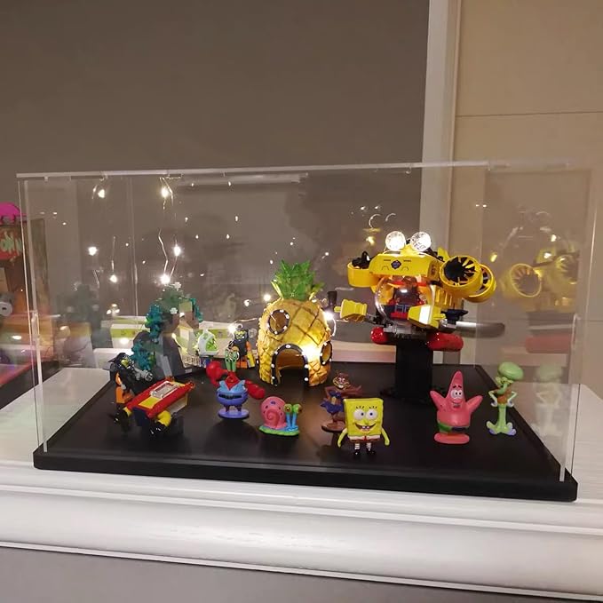 Clear Acrylic Display Case for Collectibles Assemble Transparent Acrylic Box Dustproof Protection Showcase with Black Wood-Plastic Base and Lamp Beads,Inside 7.9x3.9x3.9inch