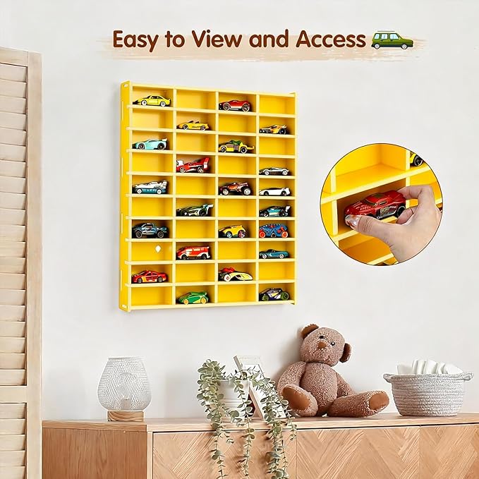 Toy Car Display Shelf, Holds 40 Diecast 1/64 Toys Car, Wall Mount Model Cars Storage Organize Case (Yellow 1/64 Toy Car Display Shelf)