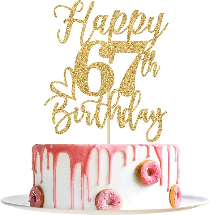 Happy 67th Birthday Cake Topper, 67th Birthday Decorations for Men/Women, Cheers to 67 Years, Hello 67, 67th Happy Birthday Party Supplies Gold Glitter