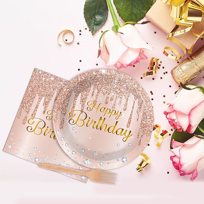 ZOIIWA 96 Pieces Happy Birthday Tableware Set for Pink Rose Gold Table Decorations Supplies Dessert Plates Napkins Forks Women 24 Guests Disposable Party Favors