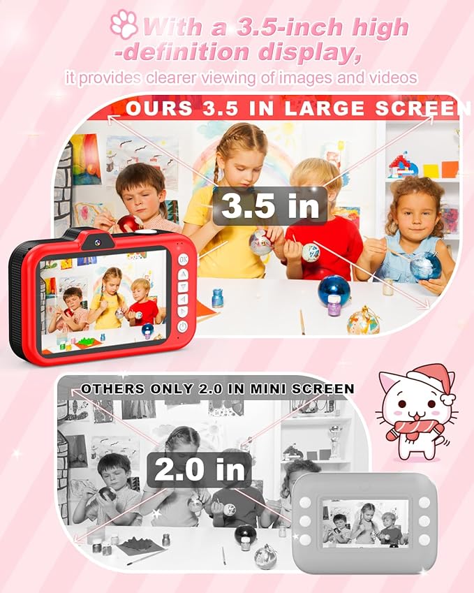 Kids Camera, 1080P 48MP Front Selfie Toddler Camera, 3.5 inch Big Screen Toy Camera, 10X Zoom in Chritmas Birthday Gift Cameras for Kids Boys Girl Age 2 3 4 5 6 7 8 9 10 11 12, Red