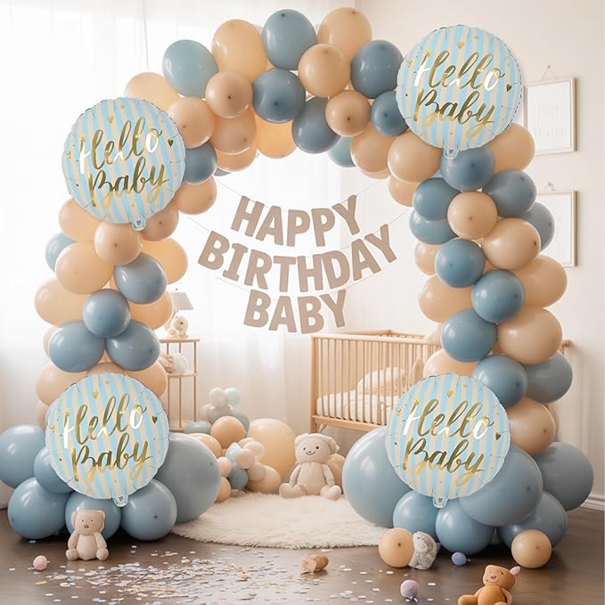 18" Hello Baby Foil Balloons for Welcome Baby Party Decorations, 4pcs Light Blue Cream Gold Mylar Balloons, baby Blue Beige Gold Balloon for Newborn Gender Neutral baby Shower Sip and See Party Decor