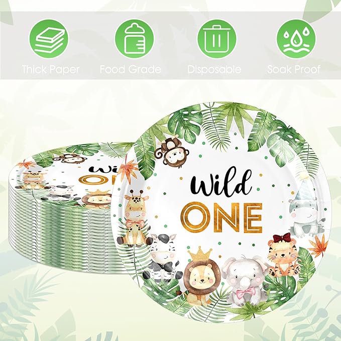 20Pcs Wild One Plates Safari Jungle Baby Shower Theme Paperplates Wild One Birthday Decorations Plate Set Disposable Dessert Plates, for Baby Shower, Boys First 1st Birthday Party Decor Supplies
