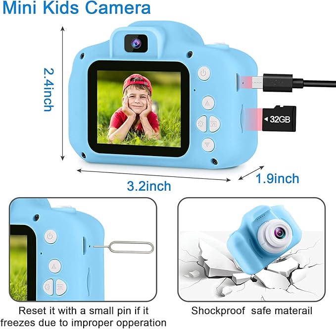 GKTZ Toys for Girls Age 3-8, Kids Camera Digital Video Toddler Camera Children Camcorder Birthday Gifts for 3 4 5 6 7 8 Year Old Girls with 32GB SD Card (Light Blue)