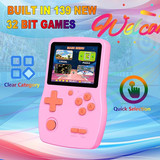 32 Bit Handheld Game for Kids Preloaded 139 Retro Video Games, 3.0'' IPS Screen and Rechargeable Battery Portable Gaming System, Mini Travel Electronic Toy Gifts for Boys Girls (Pink)