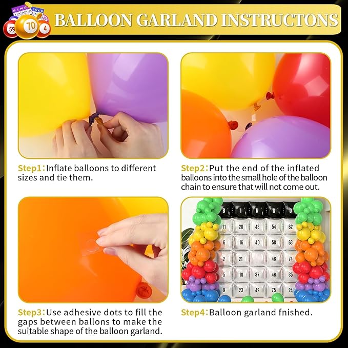 102Pcs Bingo Game Party Balloons Garland Arch Kit Black Gold and Silver Double Sided Square Foil Balloon Wall Backdrop with Colorful Latex Balloons & Letter Sticker for Bingo Party Birthday Decoration