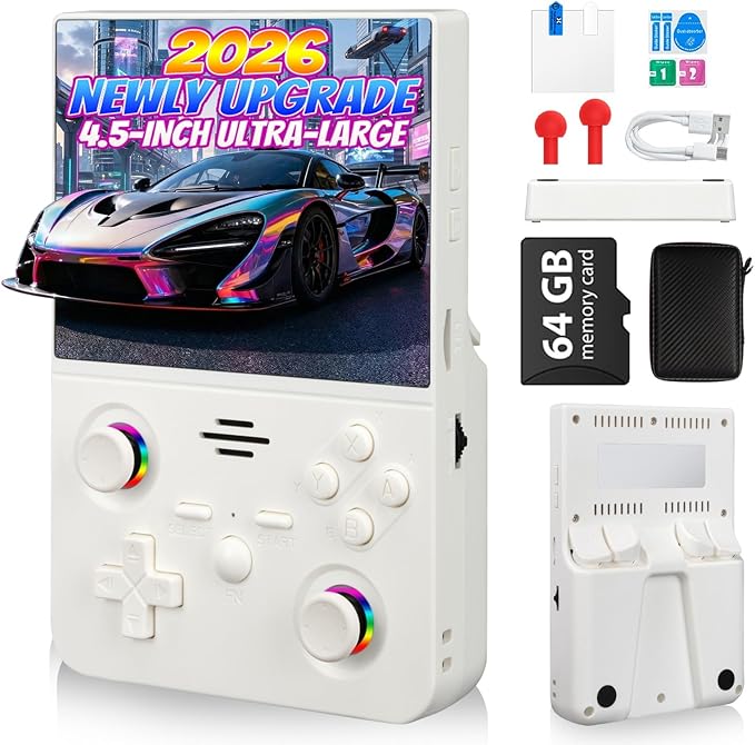 2026 NEW Upgrade RF45V Retro Handheld Game Console - 4.5 Inch Ultra-Large Screen,Support 18000+Classic Games,64G TF Card,4000mAh Battery,Linux System,Birthday Gift for Adult or Friends-White