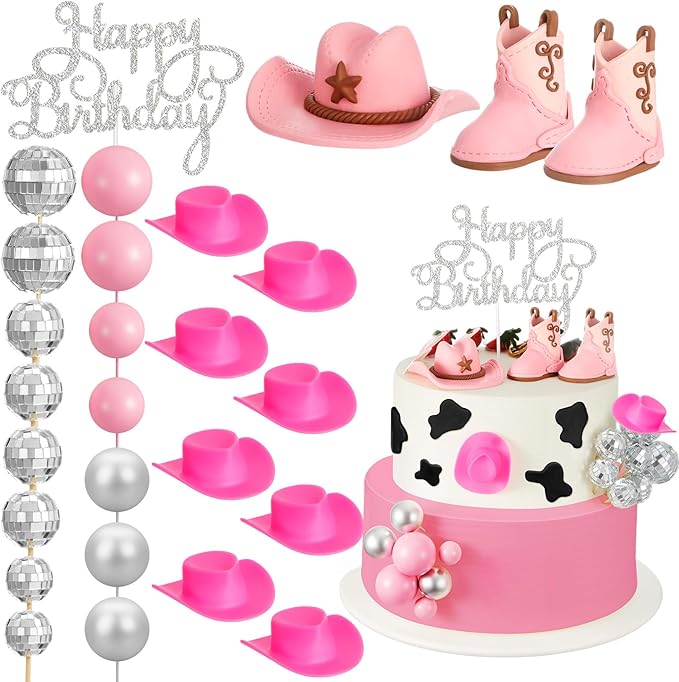 26 Pcs Cowgirl Cake Decorations Cowgirl Cake Topper Disco Decorations Hat Topper Western Cowboy Birthday Baby Shower for Western Theme Party Supplies(Pink,Cute)