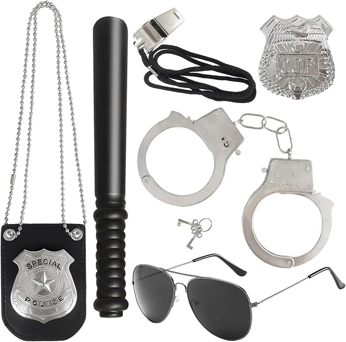 6Pcs Police Pretend Play Toys Set,Kids Detective Set Accessories,Police Officer Costumes with Sunglasses,Badges,Handcuffs,Police Baton,Whistle for Kids