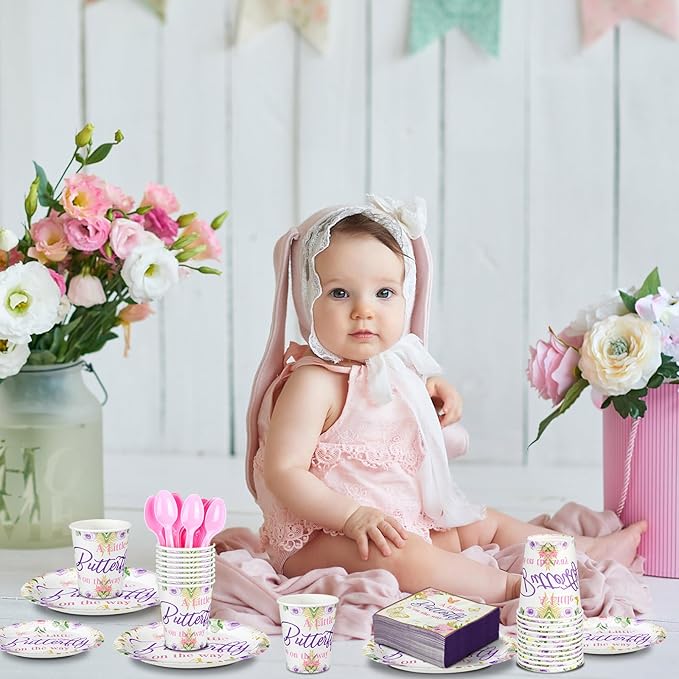 Dandat 350 Pcs Baby Shower Plates Set Baby Shower Party Supplies Serves 50 Tableware Sets Include Plates Napkin Cup Forks Knives Spoons Disposable Dinnerware(Butterfly,Purple)