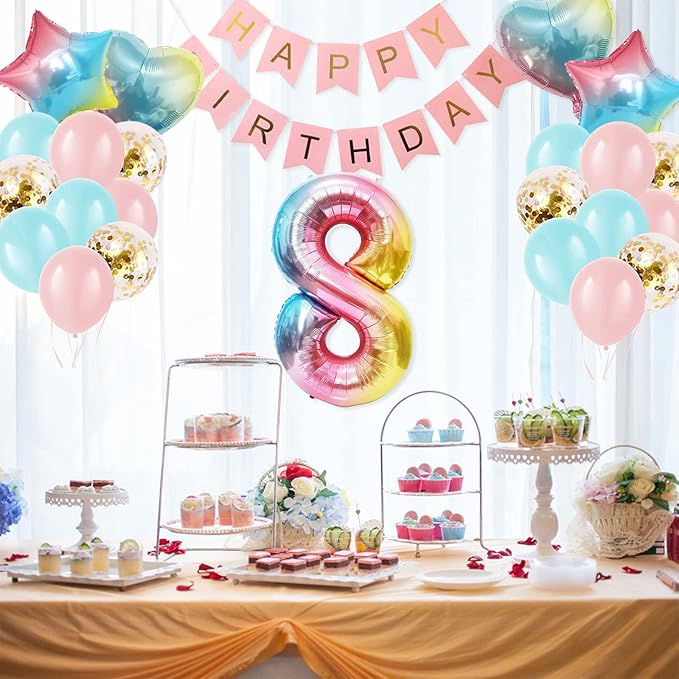8th Birthday Decorations for Girls Gradient color Age 8 Balloons with Happy Birthday Banner for Baby showers Eighth Birthdays Party Supplies for Girls Boys