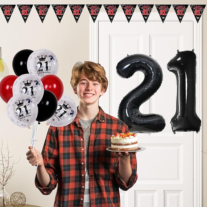 21th Birthday Decorations for Him Her, Red Black Happy 21st Birthday Decorations for Men Women, Boys 21st Bday Door Banner, Triangle Flag, Large 21 Balloons Decor for 21 Year Old Party