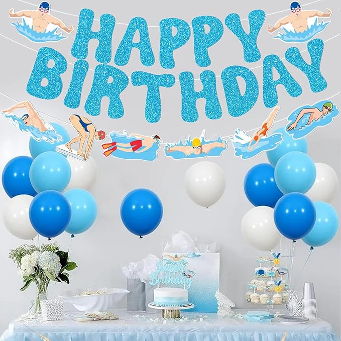 Zwiebeco Blue Swimming Happy Birthday Party Decoration Banner Bunting Garland Hanging Paper for Boys Girls Men Women Kids Adults Summer Pool Swim Sports Themed Birthday Decor Accessories Supplies