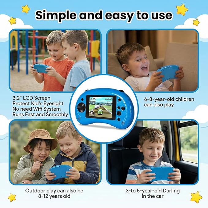 Handheld Game for Kids, 3.2" HD Screen with 213 Retro Video Games , Built-in Classic Game, Portable Travel Gaming Player with Rechargeable Battery, Electronic Toy Gift for Boys Girls Ages 4-12 (Blue)