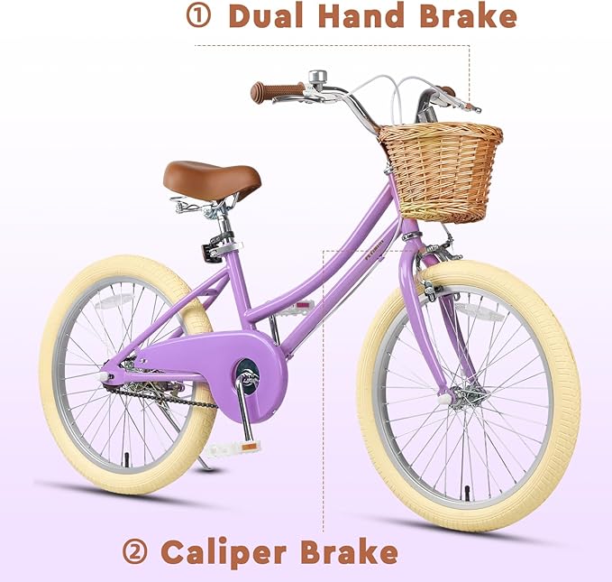 Petimini Vintage Kids Bike for Girls, 12–20 Inch Classic Bicycle with Wicker Basket & Bell, High Tensile Steel Frame, Training Wheels (12–18”), 85% Pre-Assembled, Retro Bike for Outdoor Riding