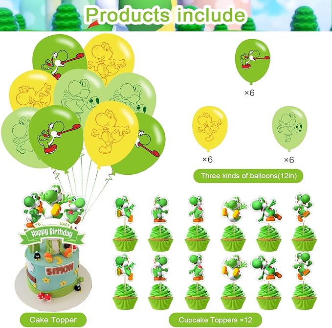 Yoshi Party Decorations,Yoshi Birthday Party Supplies Includes Banner - Cake Topper - 24 Cupcake Toppers - 18 Balloons