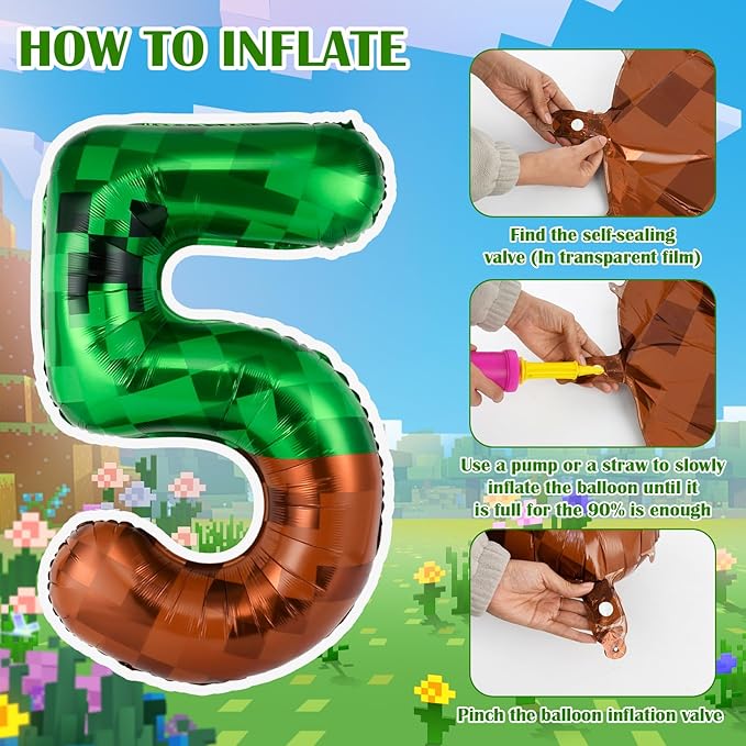 40 Inch Green Pixel Miner Number 5 Balloon Set, 7Pcs MIning large Foil Balloon Video Game Themed Party Party Decorations for Kids' Anniversary Balloon Party Supplies Supplies
