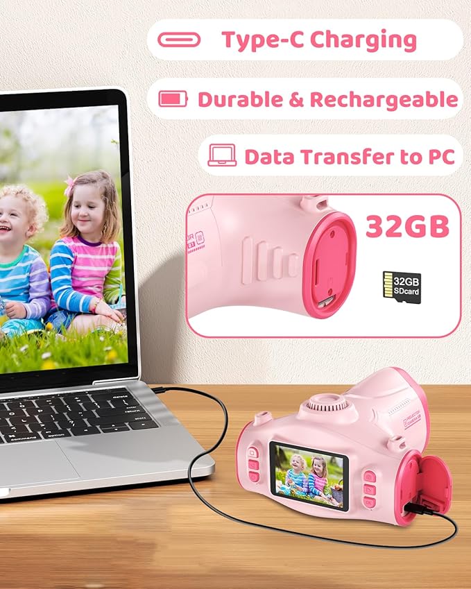 Kids Camera with Projector, 1080P HD Digital Camera for Kids Ages 3-12, 48MP Photo Video Recorder with Stand 32GB SD Card Included, Christmas Birthday Gifts Toy for Girls Boys (Pink)