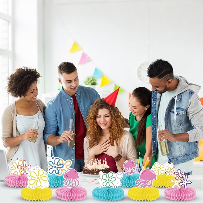 Yellow Cartoon 3D Honeycomb Centerpieces Bikini Flower Jellyfish Table Centerpieces Under the Sea Bubble Table Toppers with 9 Designs for Ocean Theme Birthday Party Baby Shower Wedding Decorations