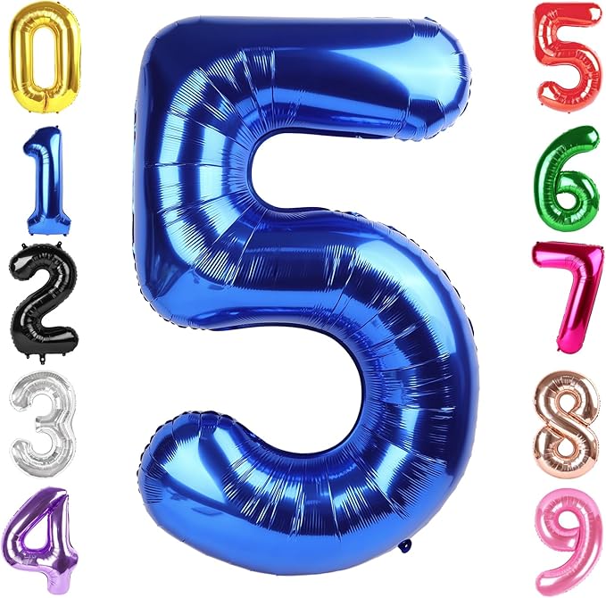 40 Inch Metallic Blue Number 5 Balloon, Giant 5 Number Balloons for 5th Birthday Decorations, Party Supplies for Baby Boy Girl, Metallic Blue Party Decor
