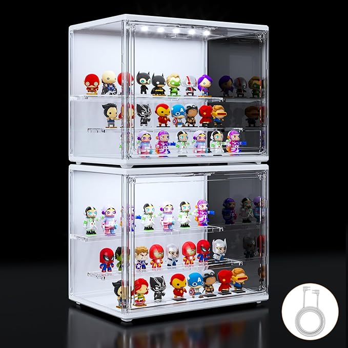 Acrylic Display Case for Collectibles with LED Light, 3 Layer Adjustable Figure Display Case with Magnetic Door, Lighted Display Box Stackable Clear Blind Box for Action Figure, Popmart, 2 Pack
