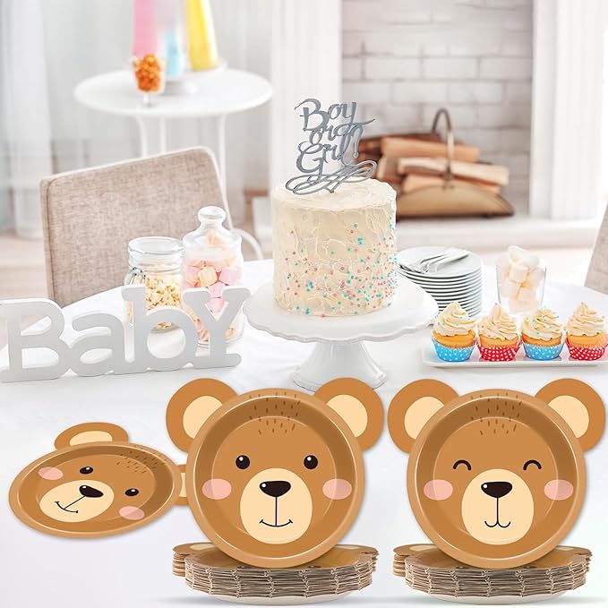 50 Count Bear Paper Plates Bear Shaped Disposable Cake Plates Brown Theme First Birthday Tableware Teddy for Gender Reveal Boy Girl Baby Shower Birthday Party Decorations