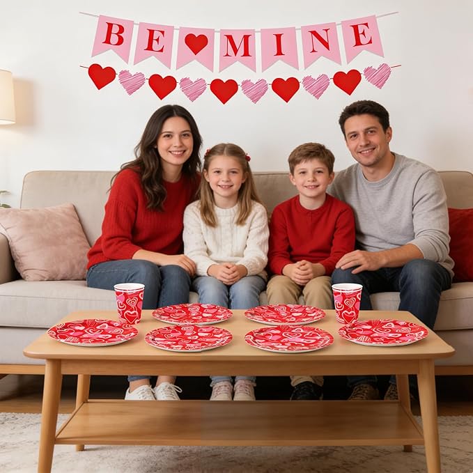 Valentine's Day Party Supplies Serve 24, 97 Pcs Hot Heart Love Disposable Paper Plates Napkins Cups Plastic Tablecloth with Banner for Valentine's Day, Engagements, Anniversary, Birthday Party