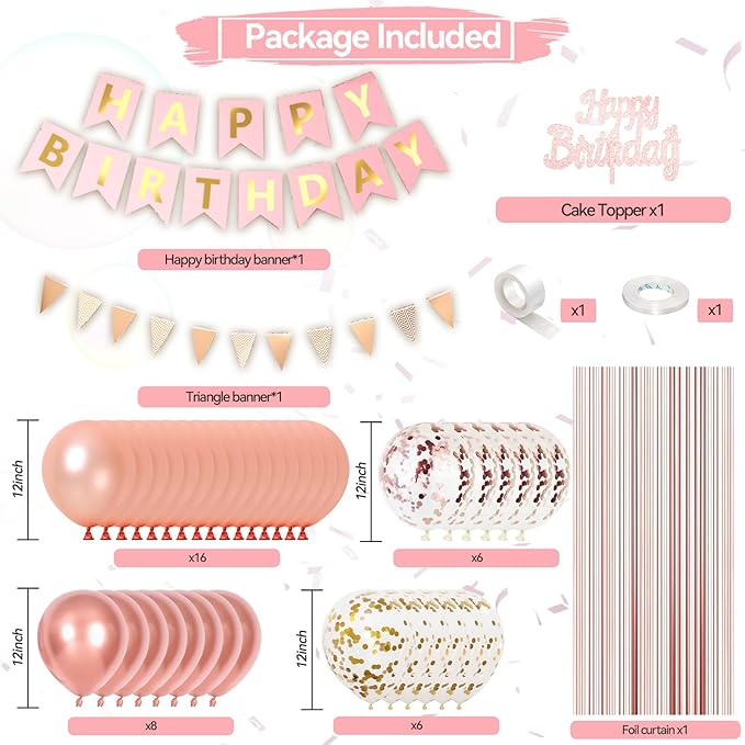 Rose Gold Birthday Decorations For Girl Woman, Happy Birthday Party Decorations With Metallic Pearl Rose Gold Confetti Latex Balloons Banner Fringe Curtain Cake For Party Decor