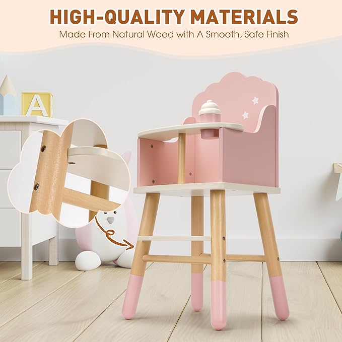 Wooden Baby Doll High Chair, Doll Furniture, Fits Up to 18 inch Baby Dolls, 18 inch Doll Accessories - Pink