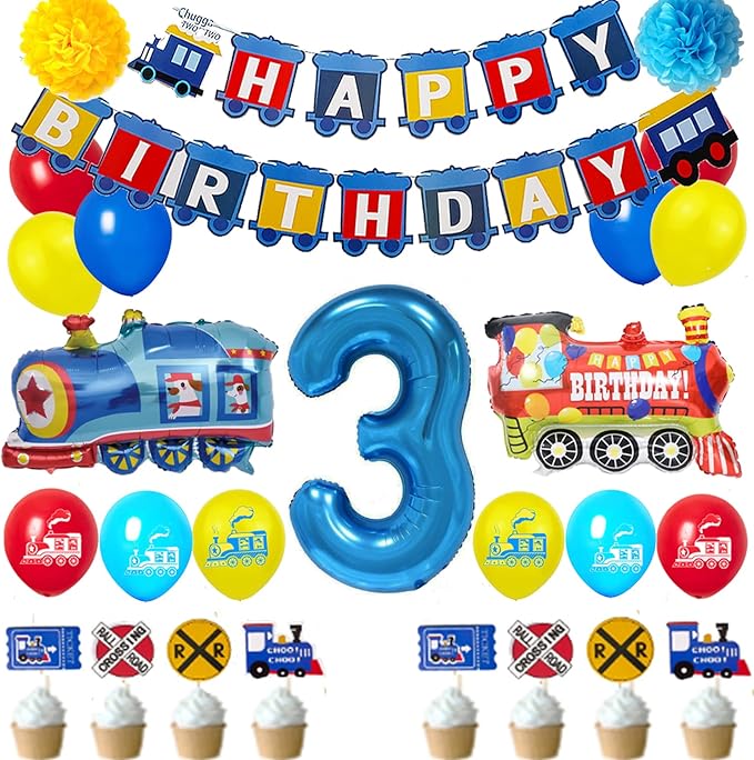 3rd Train Birthday Decorations Boys,3 Years Old Birthday Party Supplies Blue Number 3 Foil Balloons Locomotive Banner,Train Patterned Balloon,Cake Topper