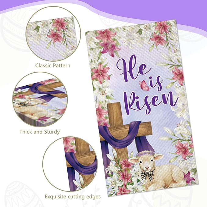 100Pcs Christian He Is Risen Easter Napkins - Easter Lamb Flowers Cross Party Napkins Spring Floral Theme Party Supplies Disposable Luncheon Dinner Napkins 7.8" x4.3" for Tea Party Kitchen Bathroom