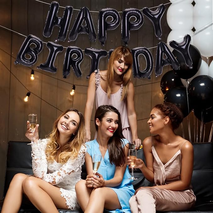 Black Happy Birthday Balloons Banner, 16 Inch Mylar Foil Letters Happy Birthday Sign Bunting Inflatable Reusable 3D Hanging Letter Kit Set for Girls Boys Kids Adults Birthday Decorations