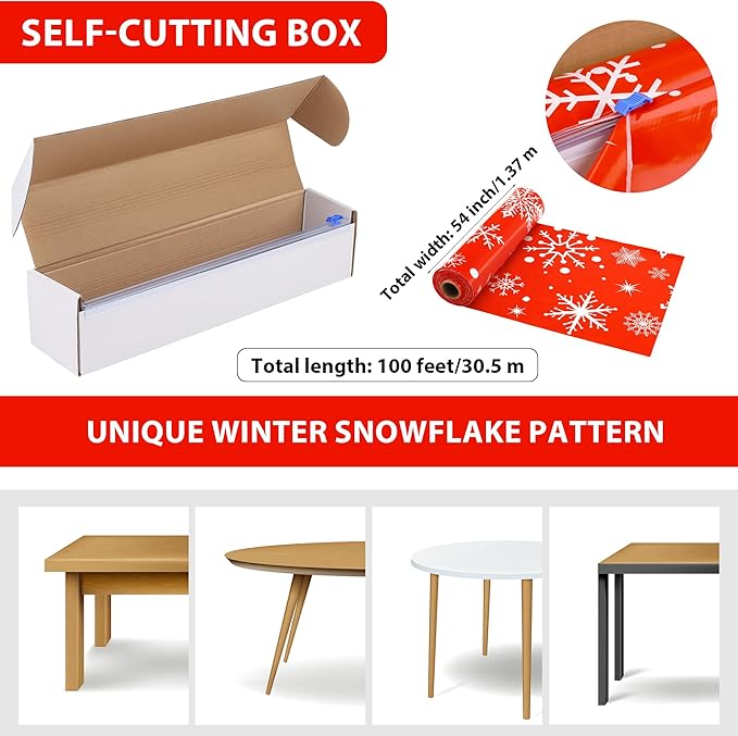 Kochorie 100 Ft x 54 Inch Snowflake Tablecloth Roll with Cutter Box Christmas Themed Snowflake Printed Cut to Size Table Cover Disposable Winter Backdrop for Frozen Birthday Party Supplies