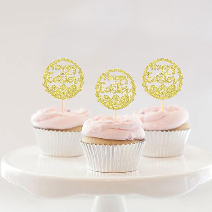 Ercadio 24Pcs Happy Easter Cupcake Toppers Glitter Golden Happy Easter Eggs Cupcake Picks for Easter Day Theme Baby Shower Easter Birthday Wedding Anniversary Party Cupcake Decorations