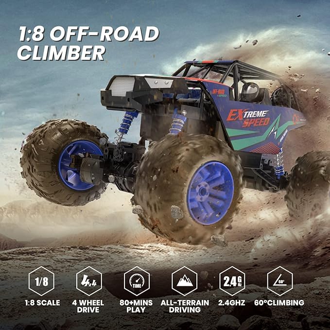 DEERC Large 1:8 Scale Upgraded Monster Truck Remote Control Car for Adults Boys, Off Road RC Cars with Realistic Sound, 2.4Ghz 4WD Rock Crawler Toy All Terrain Climbing, 2 Batteries for 80 Min Play