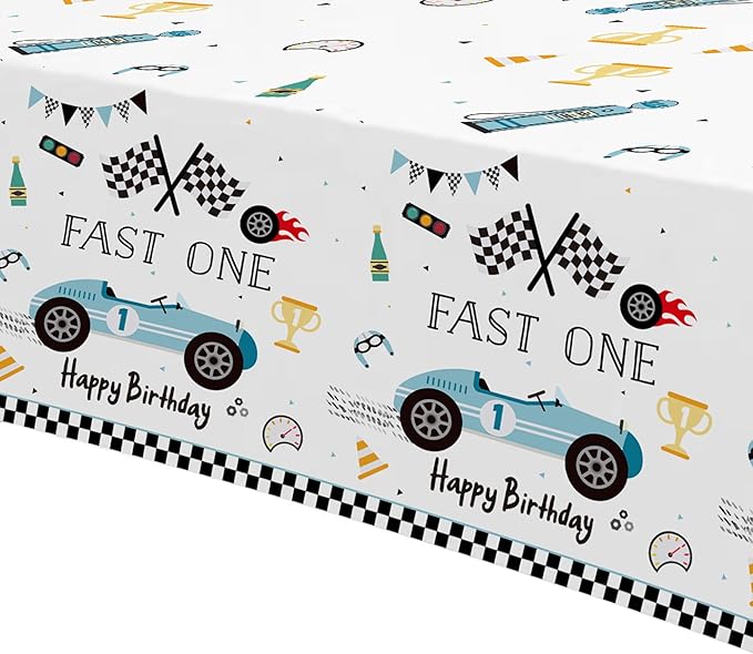 Fast One Birthday Decorations for Boys Tablecloth - Blue Race Car 1st Birthday Party Supplies Table Covers for Racing Car First | 3 Pack (54in x 108in)