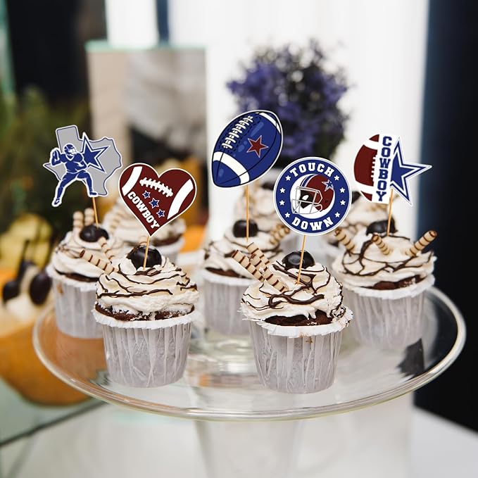 Cowboy Birthday Party Decorations - 24 Pcs Blue Cowboy Football Cupcake Topper Picks, American Rugby Cup Cake Toppers, Game Day Sports Theme Party Supplies Favors Decor for Boys Kids Men