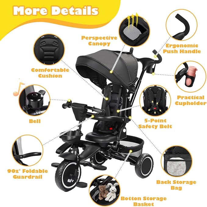 Folding Kids Tricycle, 8 in 1 Toddler Trike W/Removable & Adjustable Canopy, Parent Handle, 5-Piont Harness, Toddler Bike Tricycle for Kids 1-6 Years, EVA Wheels, Storage Basket, Black