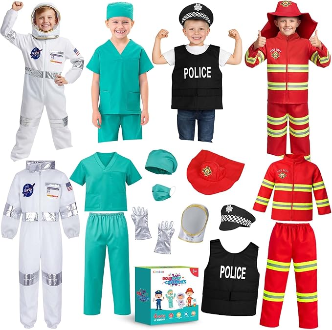 4 in 1 Toddler Dress Up Clothes 3-8 Year Career Dress Up Doctor Astronaut police vest Fireman costume Kids Pretend Play Toys Birthday Christmas Gifts 3 4 5 6 7 year old boy toys Halloween Costumes
