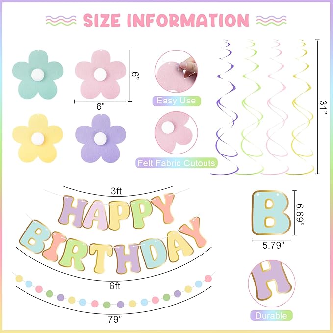 Amandir Pastel Birthday Decorations for Girls Women, Happy Birthday Banner with Honeycomb Balls, Daisy Flowers Hanging Swirls, Circle Dots Garland, Pastel Spring Easter Party Decorations Supplies