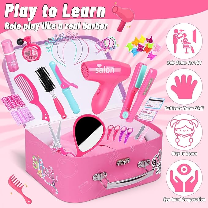 Gifts2U Hair Salon Toys for Girls, Girl Beauty Salon Playset Pretend Hair Styling Set with Blow Dryer, Barber Costume Apron, Scissors Styling Manu, Fake Money and Functional Stylist Accessories.