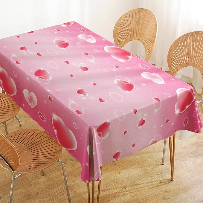 Happy Valentine’s Day Tablecloth with Heart Pattern, 54x108 Inch Disposable Plastic Tablecloth, Romantic Love Table Cover for Dining Table, Valentine Party Decoration for Home, Holiday Dinner