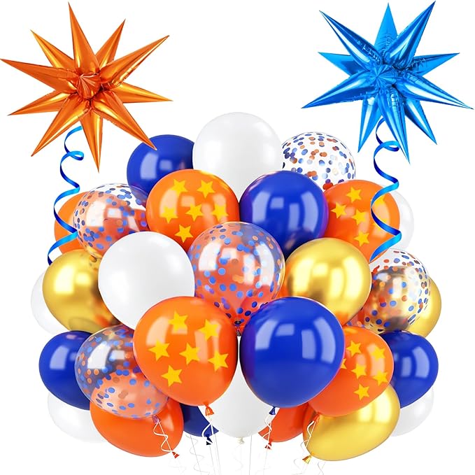 Blue Orange Gold Balloon 64Pcs 12 Inch，Pentagram Print Balloons for Cartoon Themed Birthday Party Decorations Boys Girls Gatherings Party Supplies
