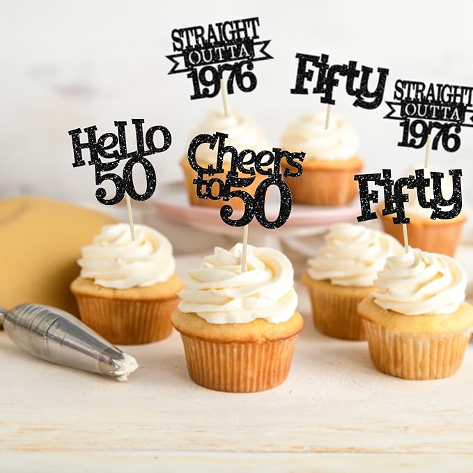 Ephlyn 24Pcs Happy 50th Birthday Cupcake Toppers Glitter Straight Outta 1976 Cupcake Picks Hello 50 Cheers to 50 Years Birthday Cake Decorations for 50th Birthday Anniversary Party Supplies Black
