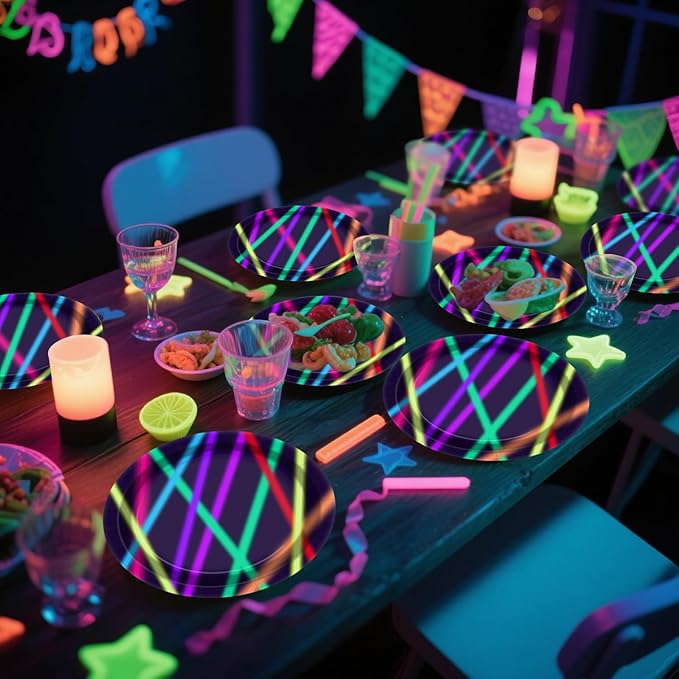 Neon Paper Plates - Glow in the Dark Party Supplies Include 7'' 9'' Printed with Light Beam Plates for Let's Glow Party Decorations, Serves 20