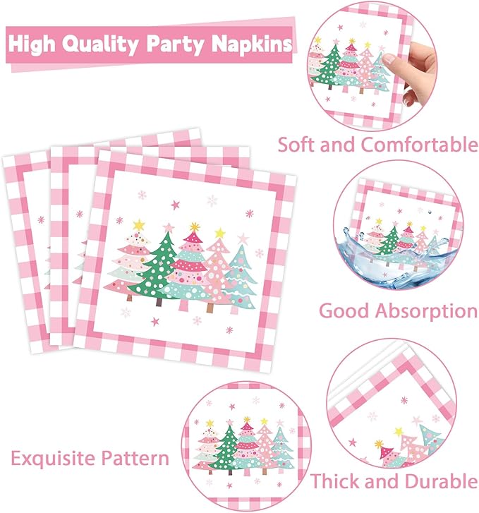 CHUNNIN 96Pcs Pink Christmas Trees Paper Plates and Napkins Xmas Watercolor Party Decorations Pink Xmas Trees Disposable Tableware Set for Kids Girls Winter Holiday Birthday Home Party Supplies